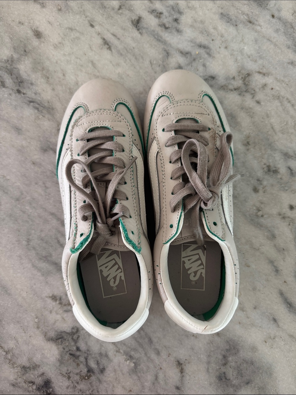 Vans White Leather Sneakers with Green Trim